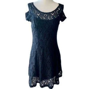 Free People Black Crochet/Open Knit Boho Cold Shoulder Mini Dress XS